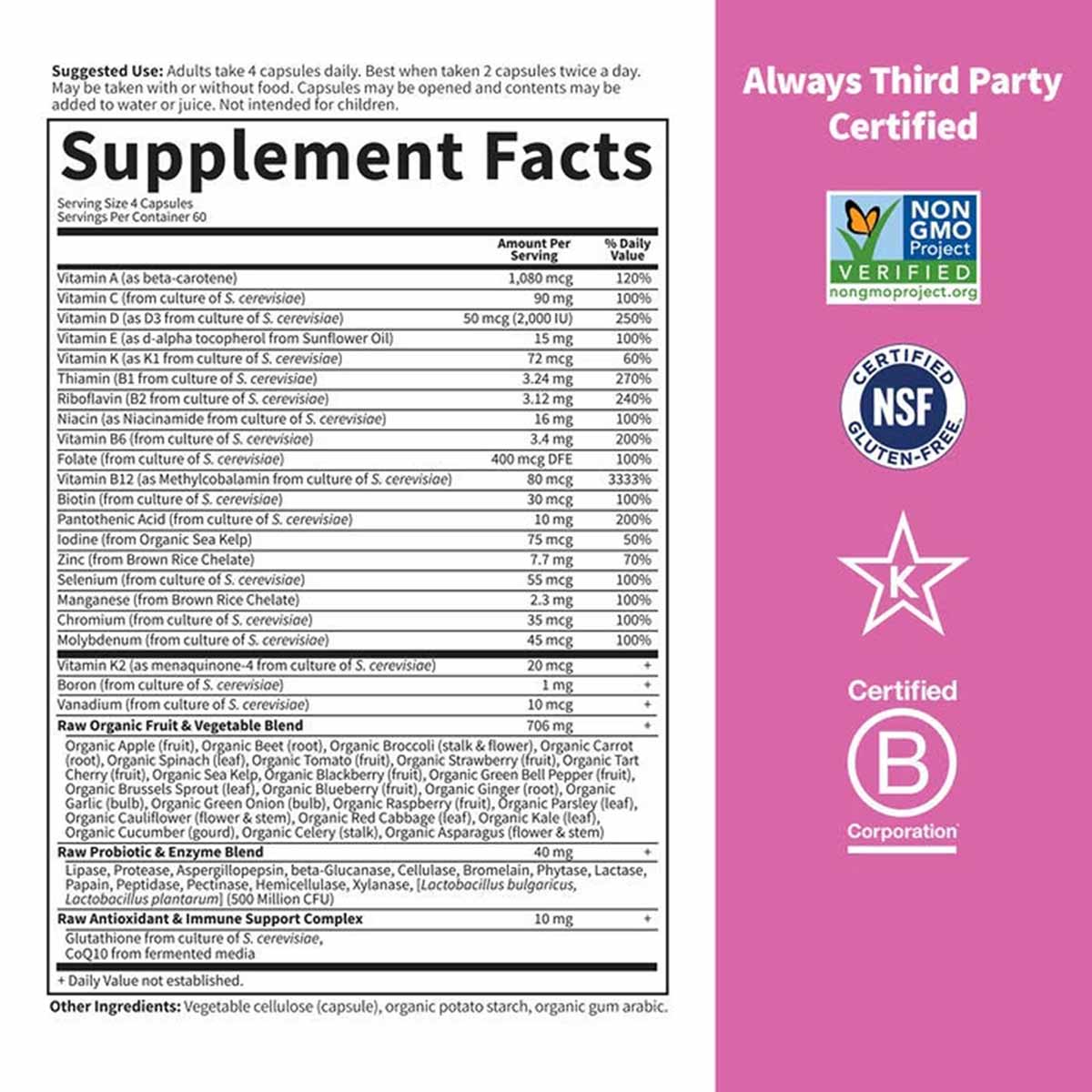 Supplement Facts label for Vitamin Code 50 & Wiser Women Multivitamin with certification badges on pink background.