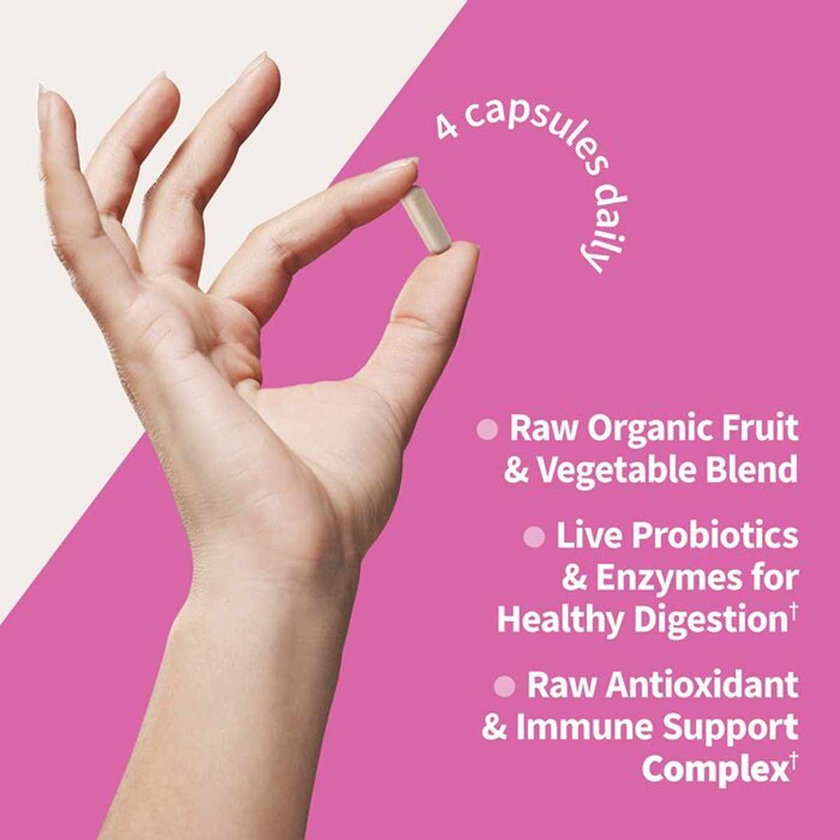 Hand holding a single capsule against a pink background with text listing product features and dosage information.