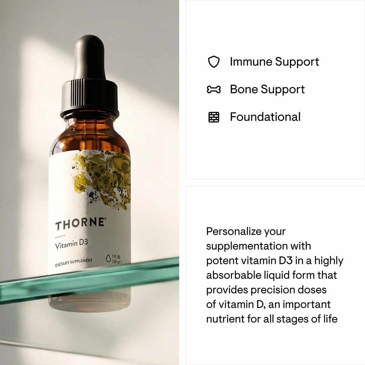 Amber glass bottle of Thorne Research Vitamin D3 liquid with black dropper cap and white label featuring yellow botanical ill