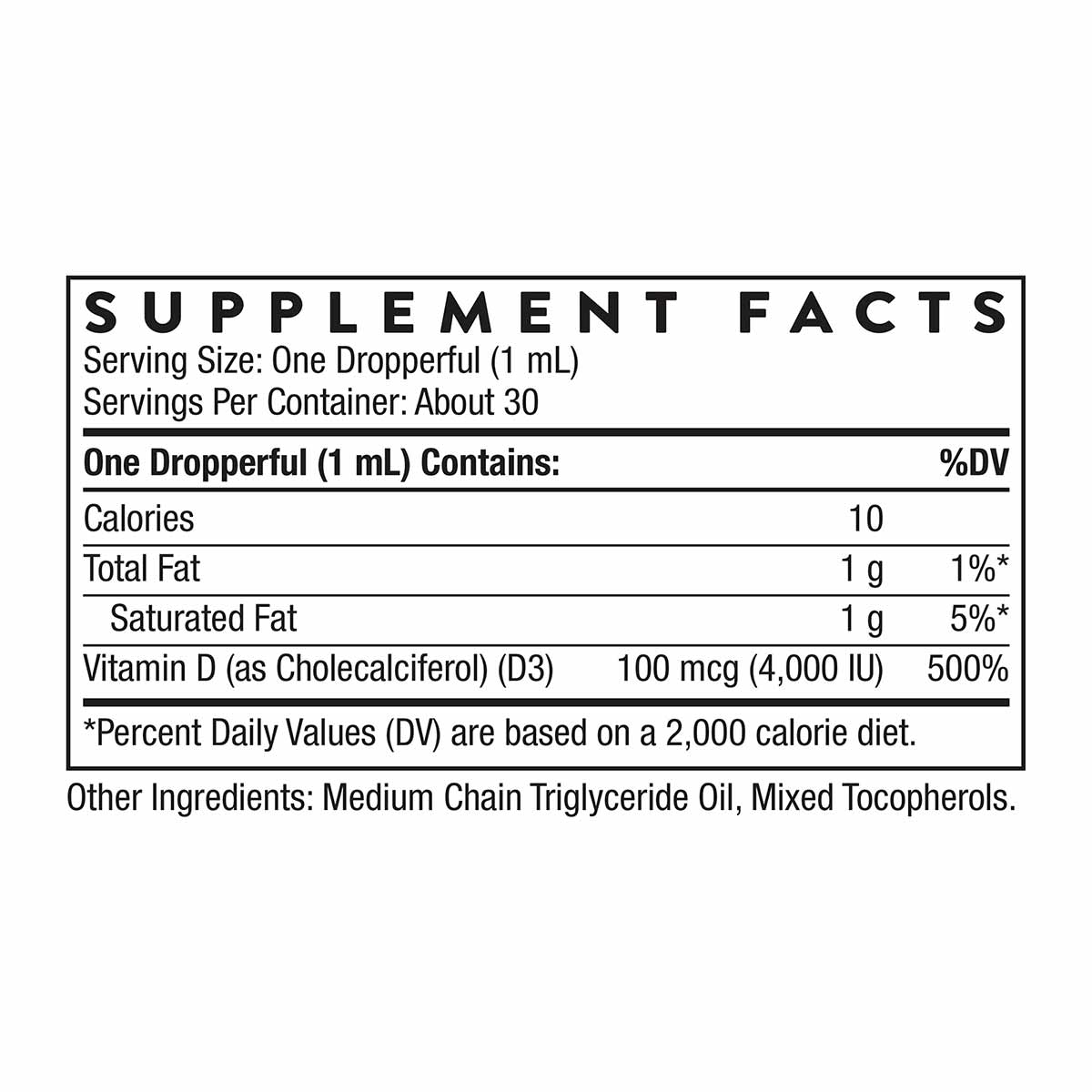Supplement Facts label for Vitamin D3 liquid showing serving size, nutritional information, and ingredients including medium 