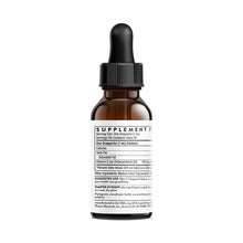 Dark brown glass bottle with black dropper cap and supplement facts label on front.