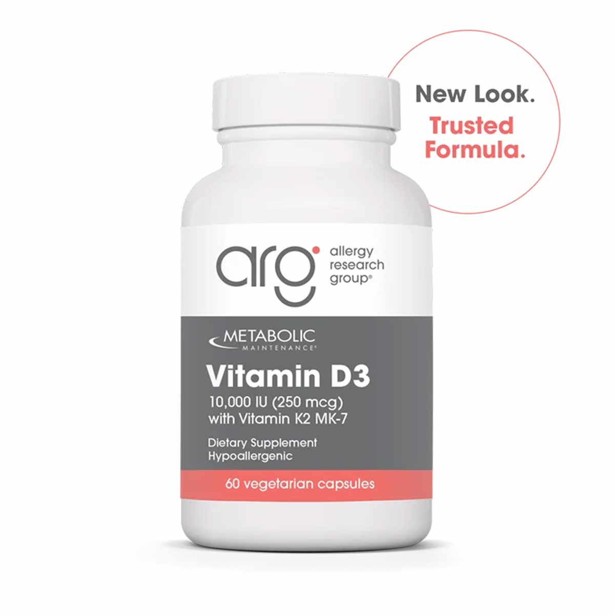 White bottle of Allergy Research Group Vitamin D3 10,000 IU with Vitamin K2 MK-7, containing 60 vegetarian capsules.