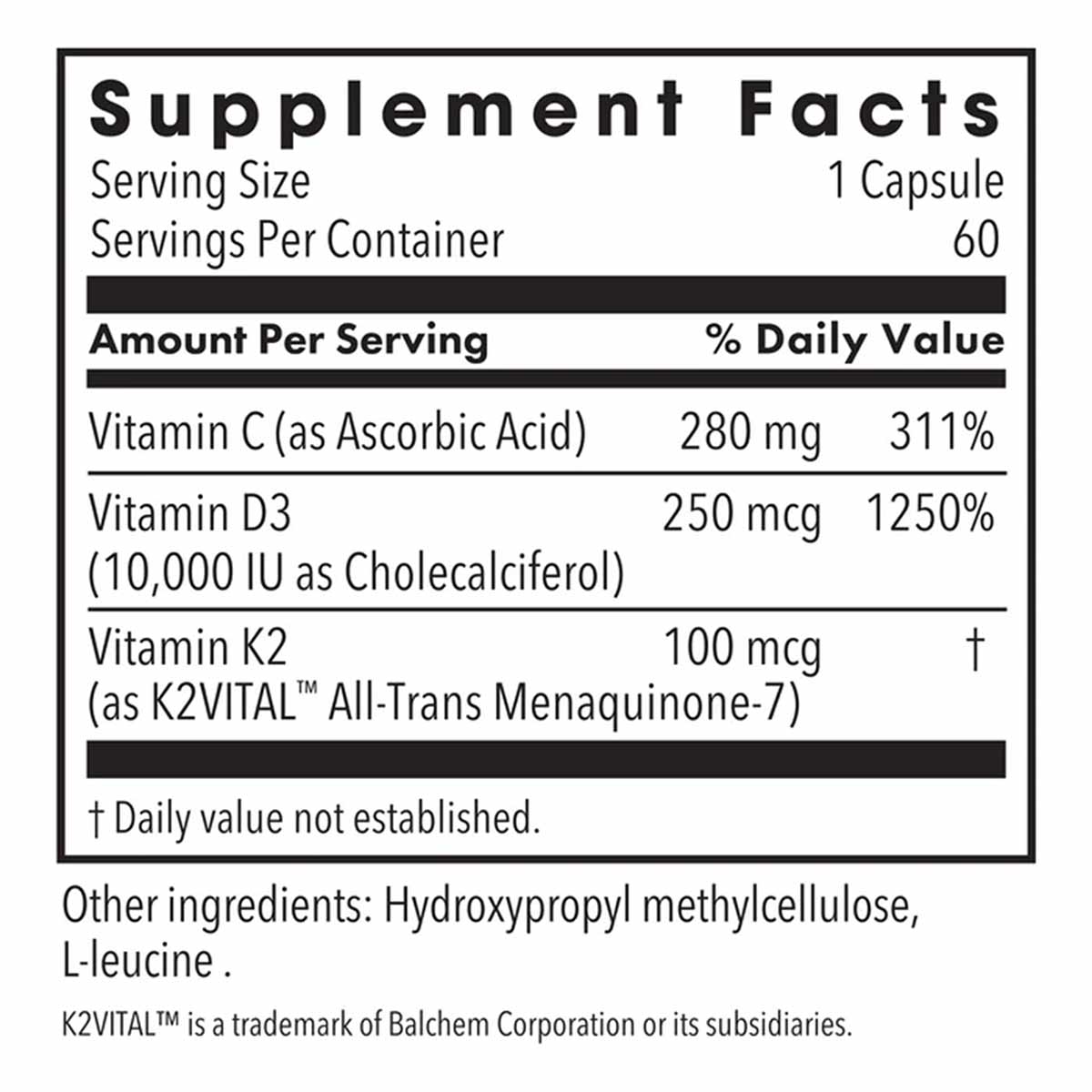Supplement Facts label showing Vitamin D3 10,000IU, Vitamin K2 MK-7, and Vitamin C per capsule serving.