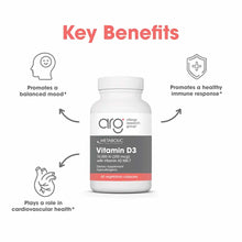 White bottle of Allergy Research Group Vitamin D3 10,000 IU with Vitamin K2 MK-7, 60 vegetarian capsules, with benefits infog
