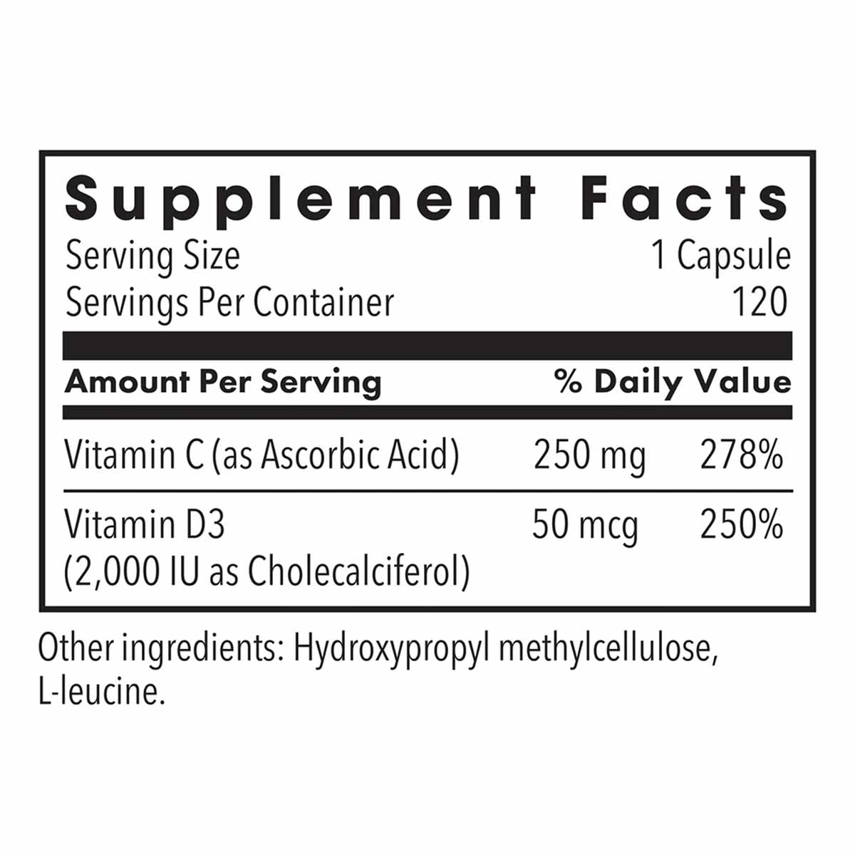 Supplement Facts label showing Vitamin D3 2,000 IU per capsule with 120 servings per container.