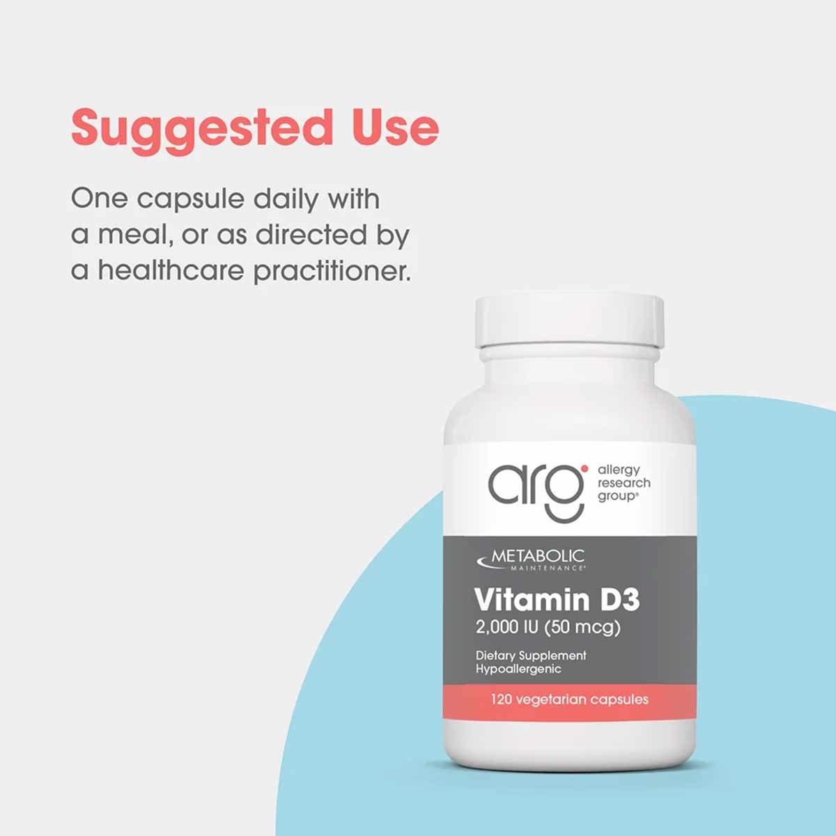 White bottle of Vitamin D3 2,000 IU capsules by Allergy Research Group with gray and red label on blue background.