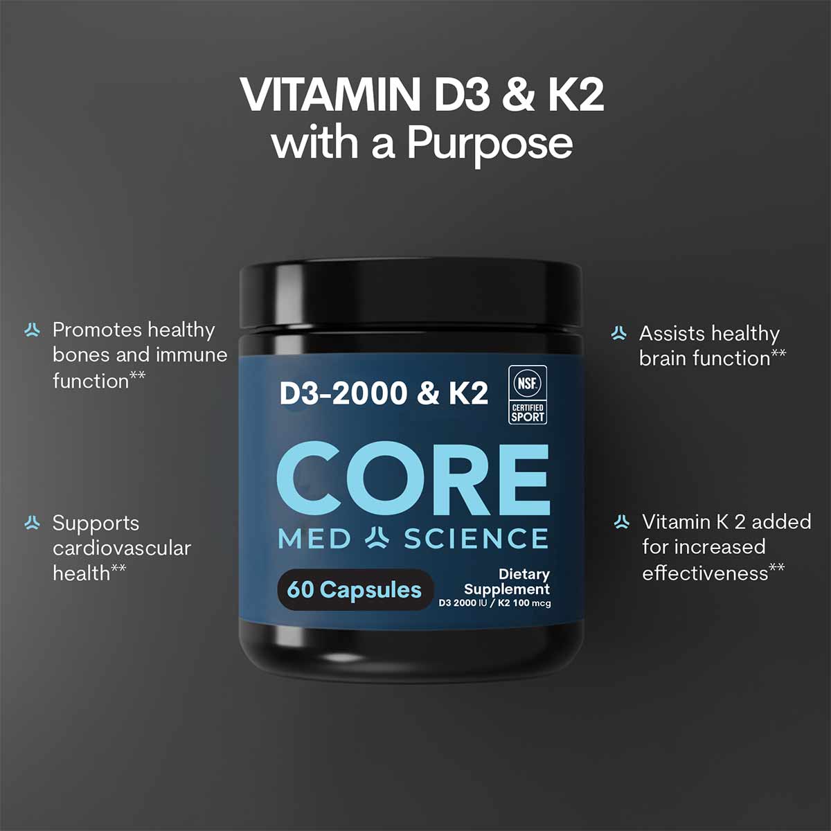 Core Med Science Vitamin D3 2000 IU & K2 dietary supplement bottle containing 60 capsules with NSF Certified Sport label.