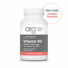 White supplement bottle labeled Vitamin D3 25,000 IU with Vitamin K2 MK-7, 60 vegetarian capsules by Allergy Research Group.