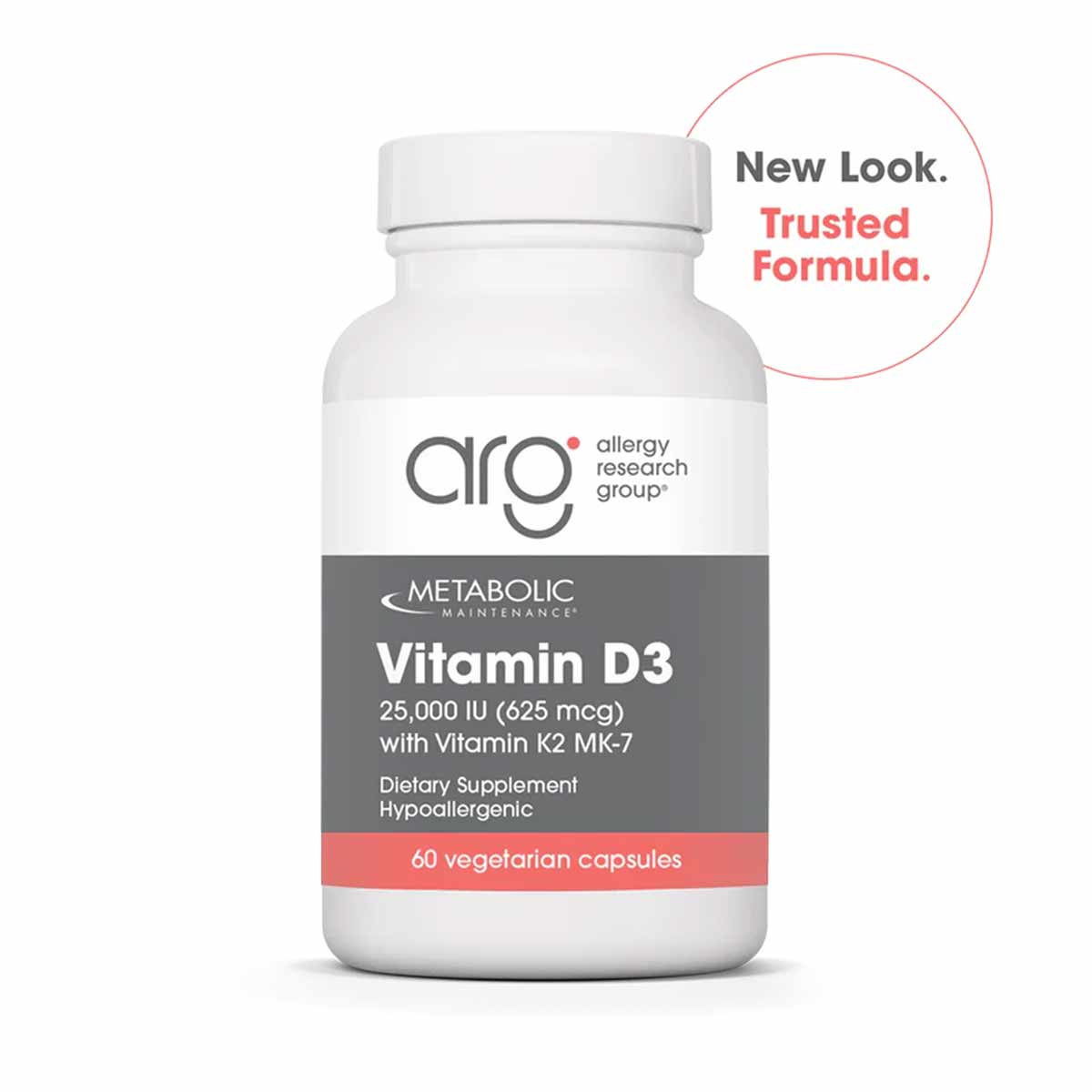 White supplement bottle labeled Vitamin D3 25,000 IU with Vitamin K2 MK-7, 60 vegetarian capsules by Allergy Research Group.