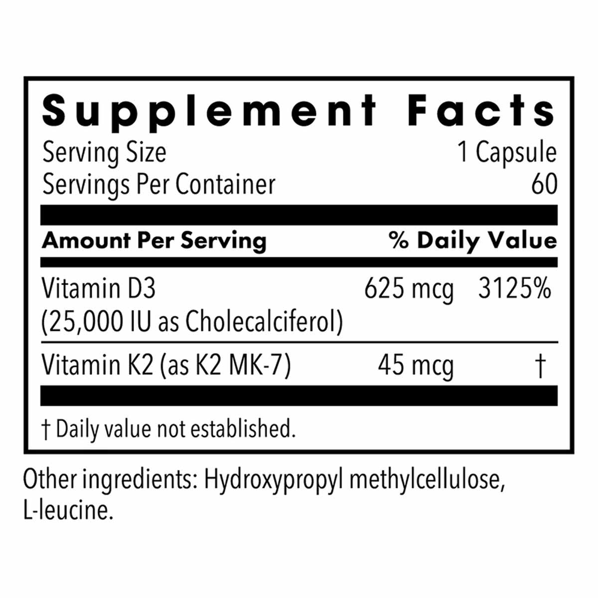 Supplement Facts label showing Vitamin D3 25,000 IU and Vitamin K2 MK-7 per capsule, 60 servings per container.