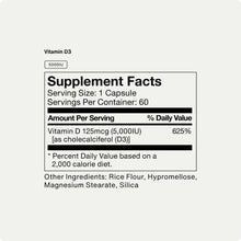Vitamin D3 5000IU supplement facts label showing serving size of 1 capsule, 60 servings per container, with ingredients liste