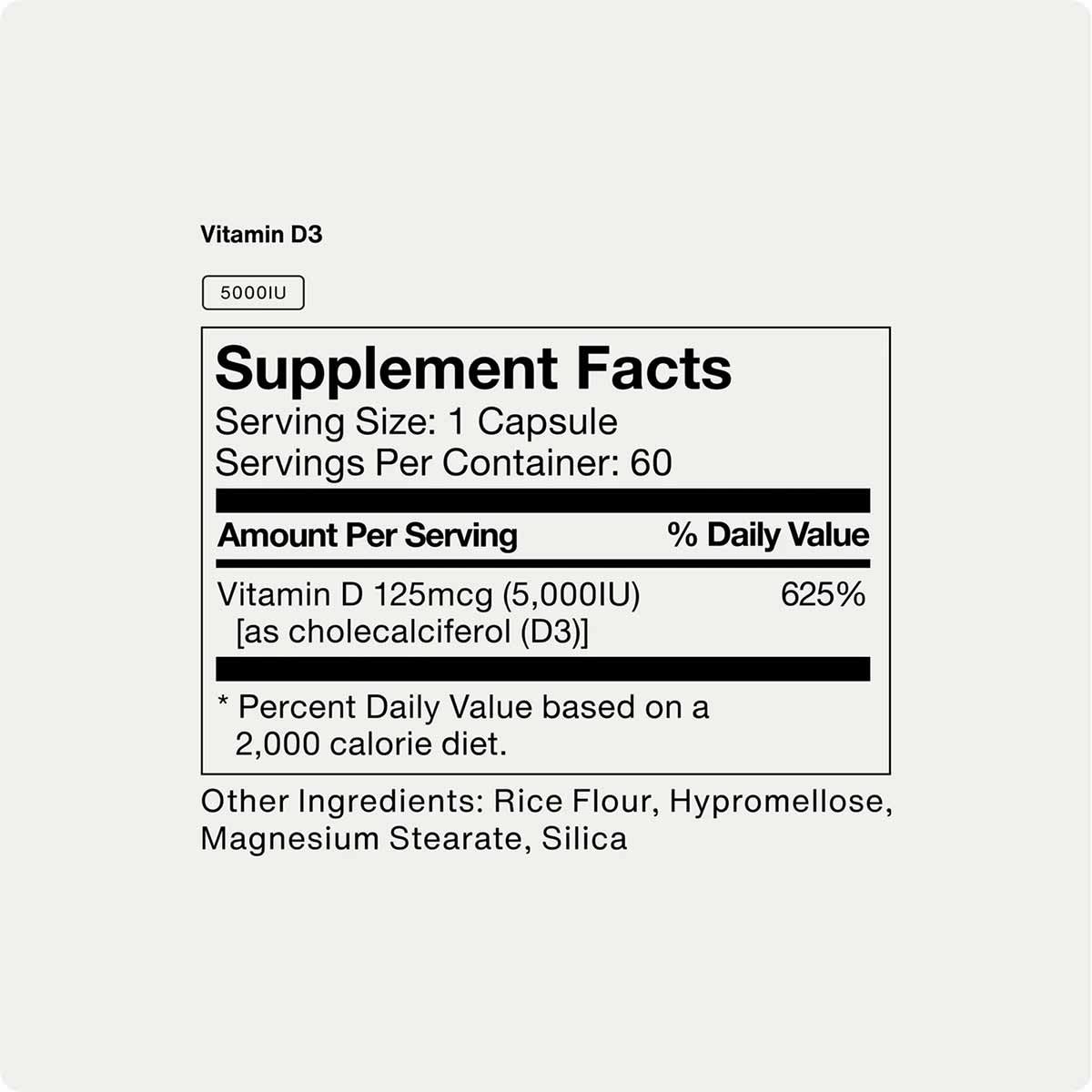 Vitamin D3 5000IU supplement facts label showing serving size of 1 capsule, 60 servings per container, with ingredients liste