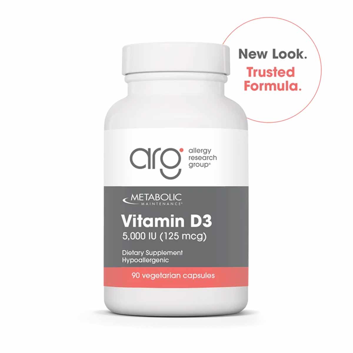 White bottle of Allergy Research Group Vitamin D3 5,000 IU dietary supplement containing 90 vegetarian capsules.