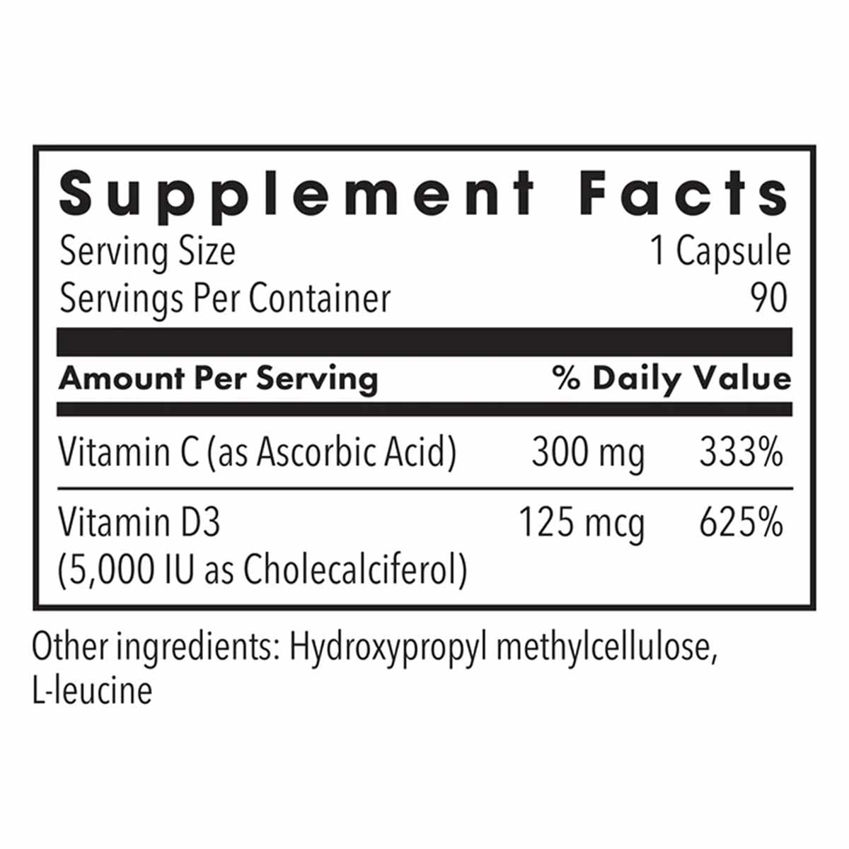 Supplement Facts label showing Vitamin D3 5,000 IU and Vitamin C per capsule serving with 90 servings per container.