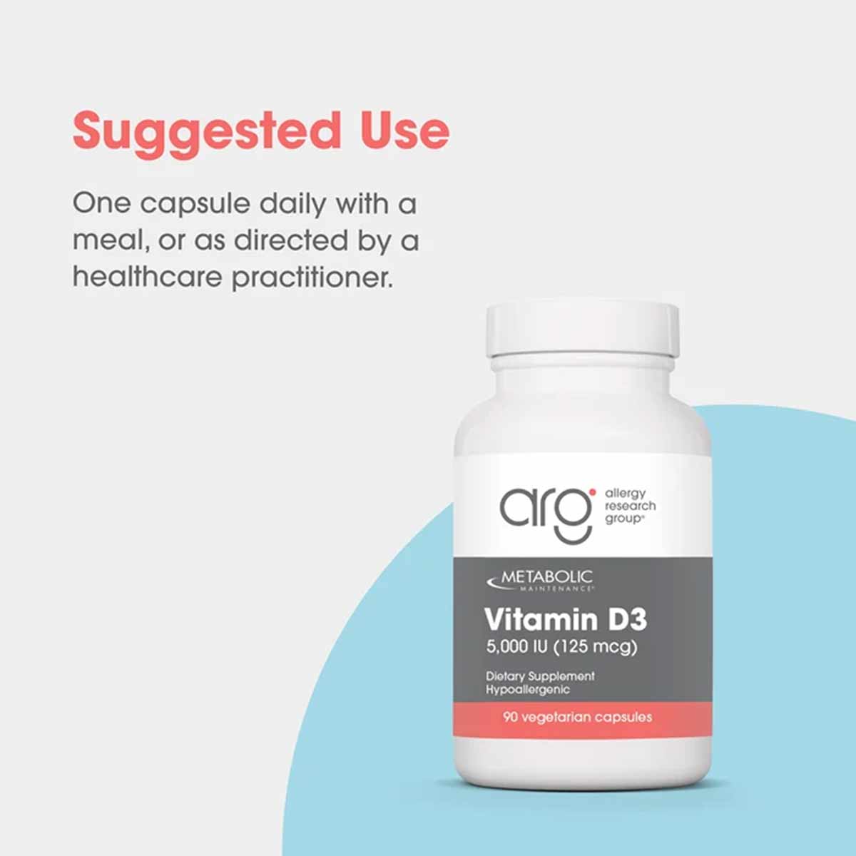 White bottle of Allergy Research Group Vitamin D3 5,000 IU supplement with gray and red label on blue background.