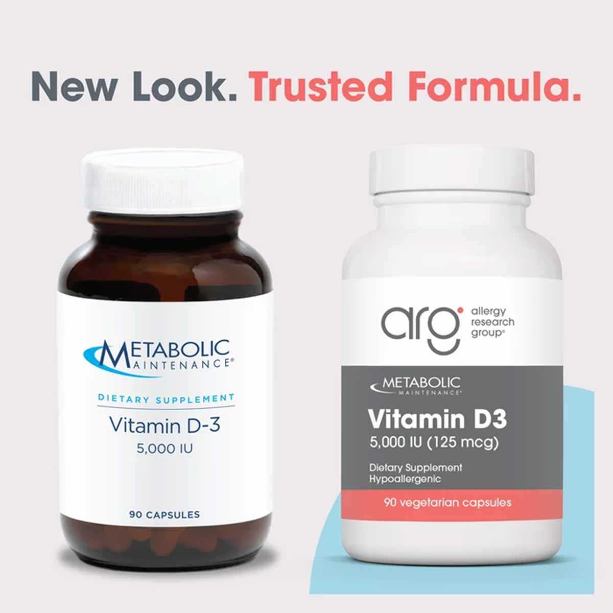 Two bottles of Vitamin D-3 5,000 IU supplement: old brown bottle on left, new white bottle on right with Allergy Research Gro