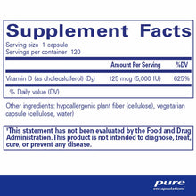 Supplement Facts label for Vitamin D3 5000 IU by Pure Encapsulations showing serving size, ingredients, and daily value infor