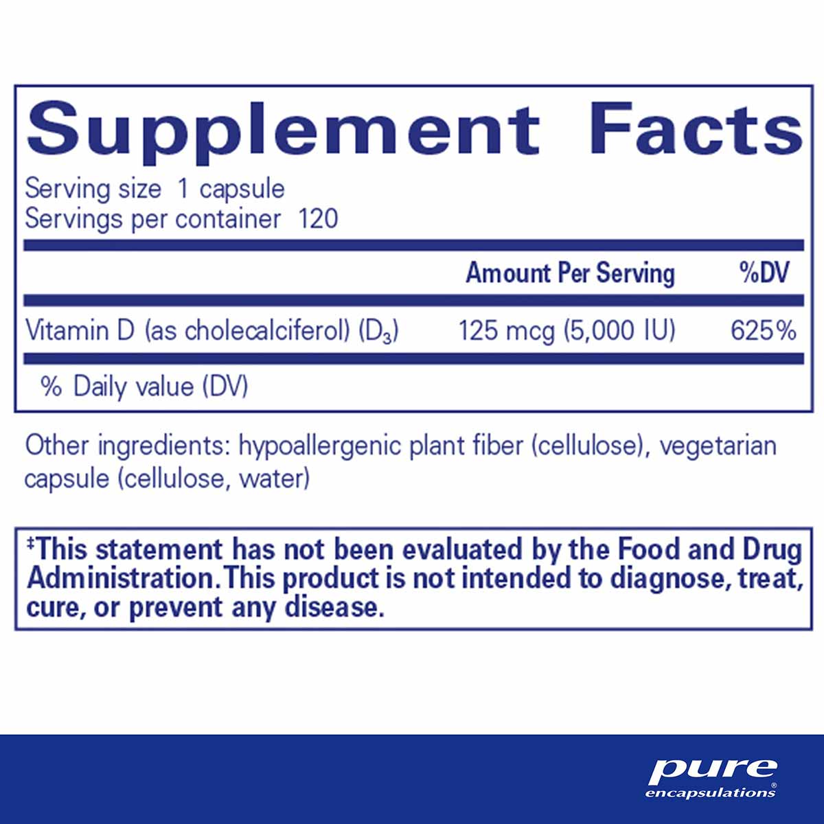 Supplement Facts label for Vitamin D3 5000 IU by Pure Encapsulations showing serving size, ingredients, and daily value infor