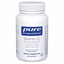 White plastic bottle of Pure Encapsulations Vitamin D3 5000 IU dietary supplement with white screw cap, containing 250 capsul