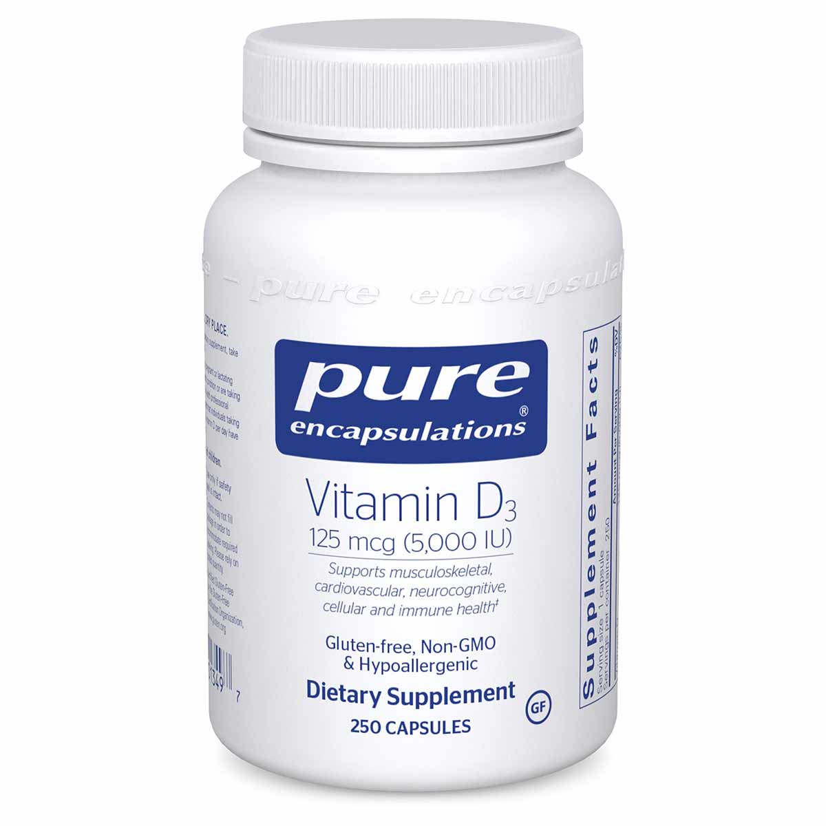White plastic bottle of Pure Encapsulations Vitamin D3 5000 IU dietary supplement with white screw cap, containing 250 capsul