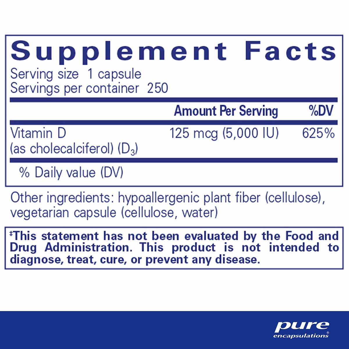 Supplement Facts label showing Vitamin D3 5000 IU per capsule, 250 servings per container, with ingredient list.
