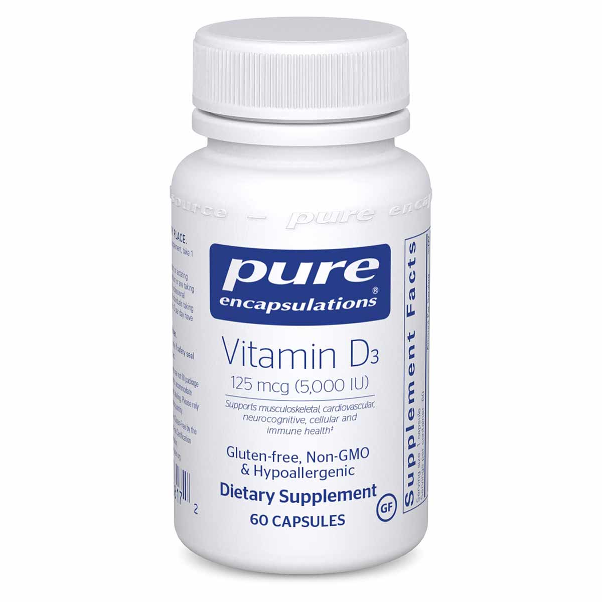 White bottle of Pure Encapsulations Vitamin D3 5000 IU dietary supplement with white cap, containing 60 capsules.