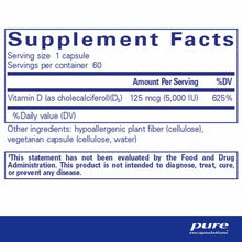Supplement Facts label for Vitamin D3 5000 IU capsules showing serving size, ingredients, and FDA disclaimer.