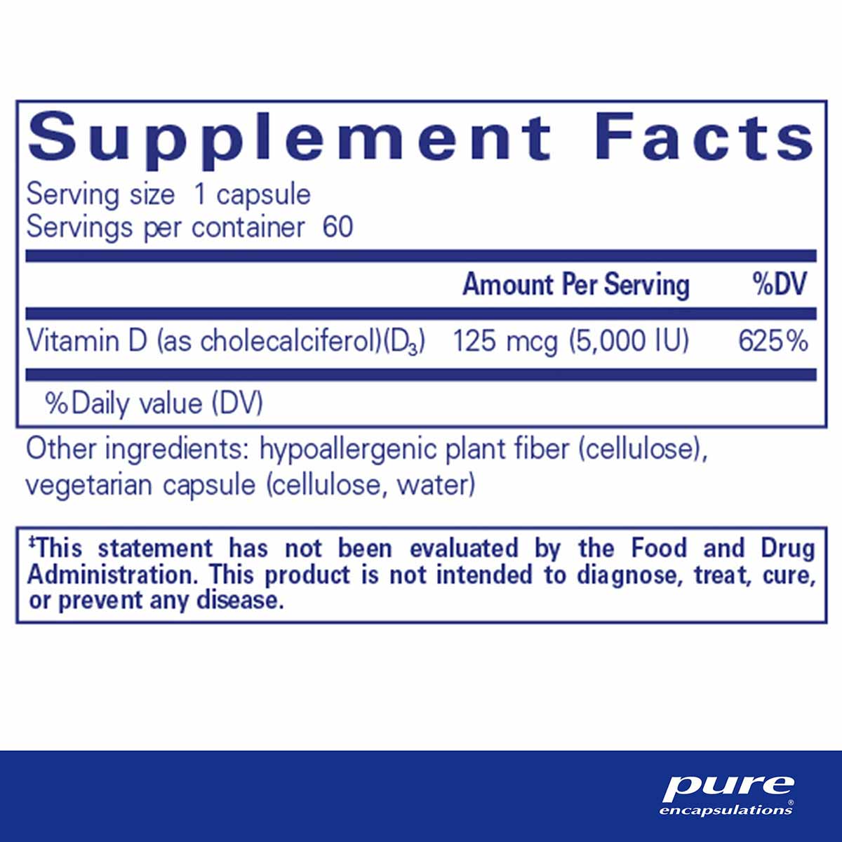 Supplement Facts label for Vitamin D3 5000 IU capsules showing serving size, ingredients, and FDA disclaimer.