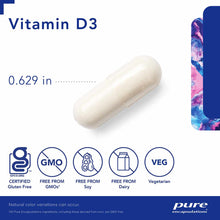 White oval Vitamin D3 capsule measuring 0.629 inches, labeled with gluten-free, non-GMO, soy-free, dairy-free, and vegetarian