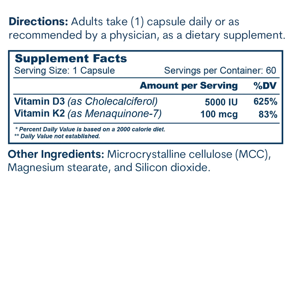 A Supplement Facts panel lists 5000 IU vitamin D3 and 100 mcg vitamin K2 per capsule, with directions and ingredients.