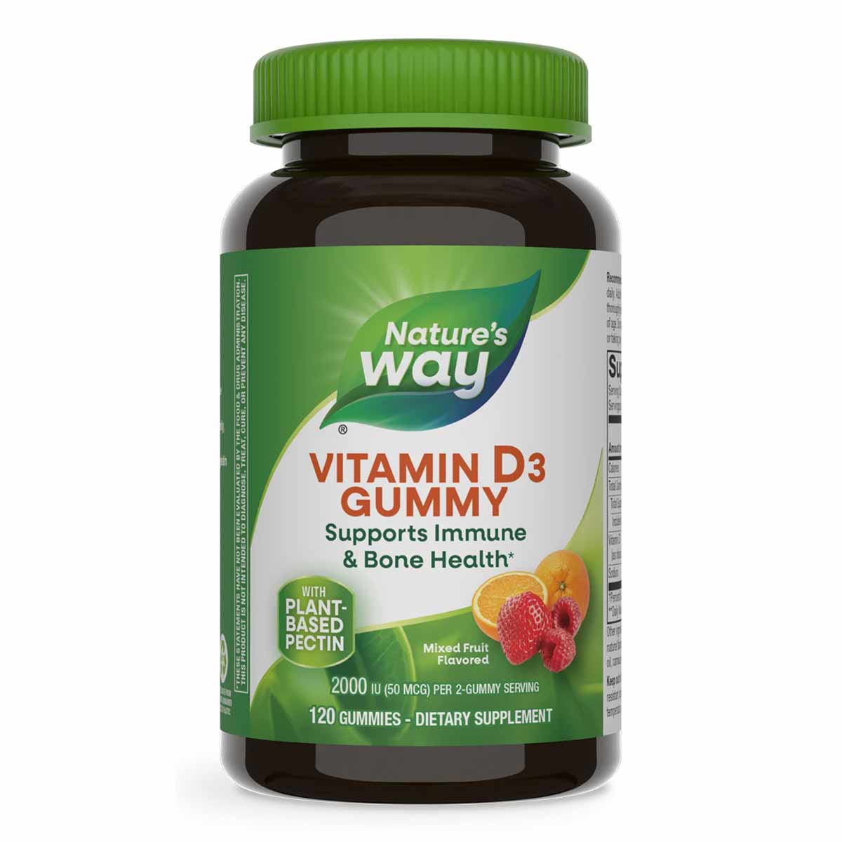 Bottle of Nature's Way Vitamin D3 Gummy with green cap, containing 120 mixed fruit-flavored gummies, 2000 IU per serving.