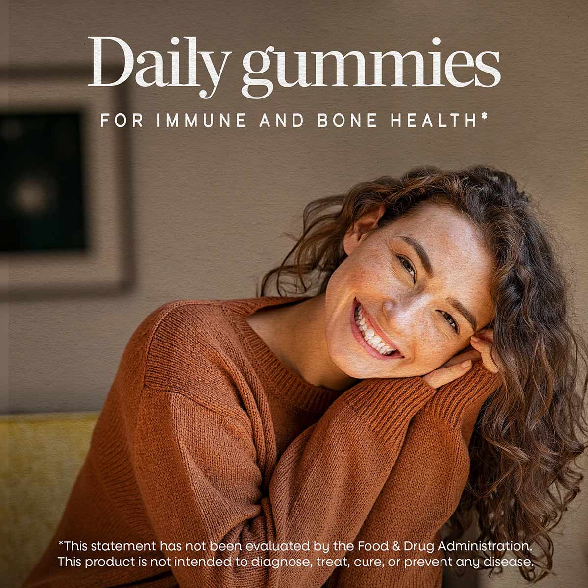 Bottle of Vitamin D3 gummies with label text displayed on tan background with lifestyle imagery.