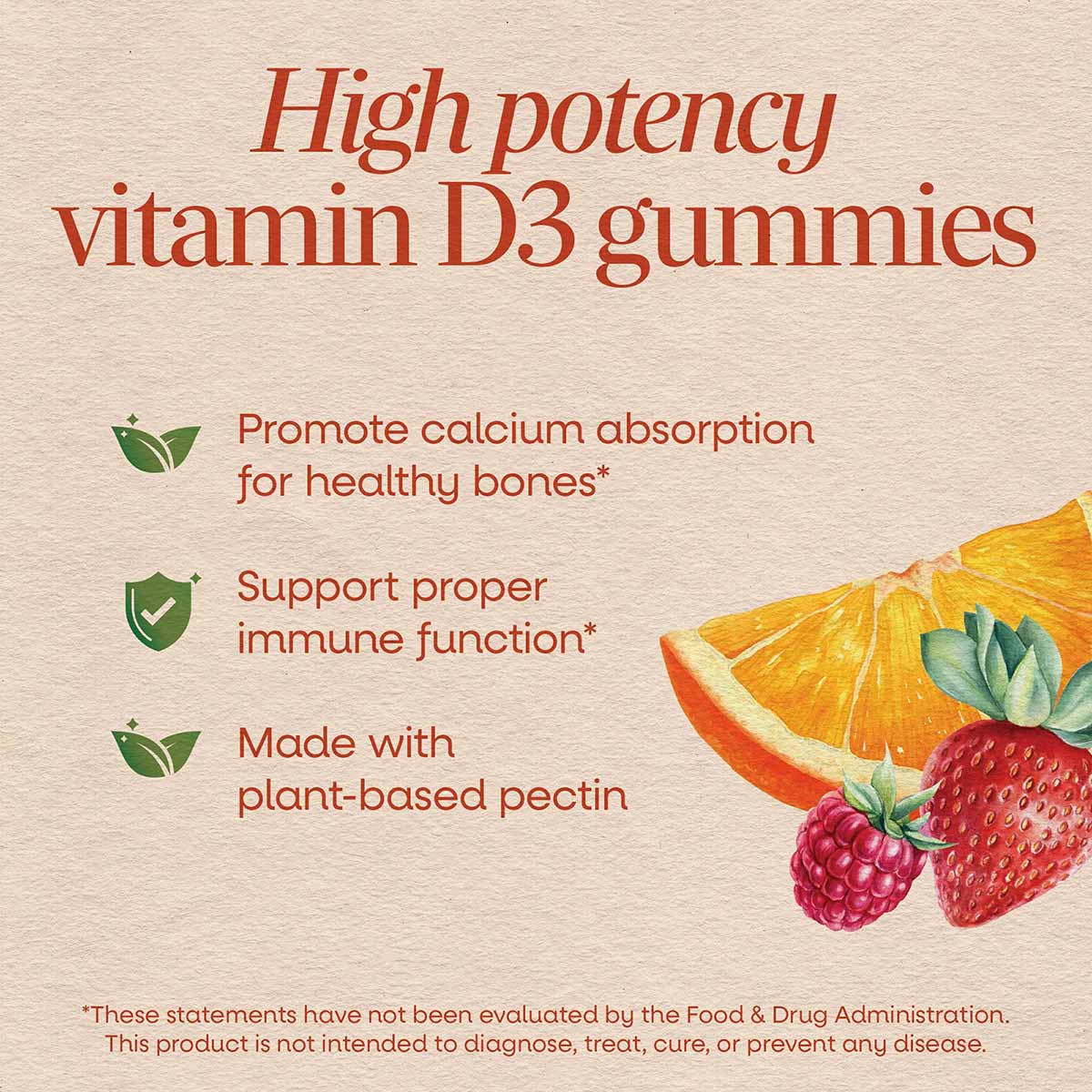 Beige product packaging for Vitamin D3 gummies with red text, leaf icons, and illustrations of orange slices, strawberry, and