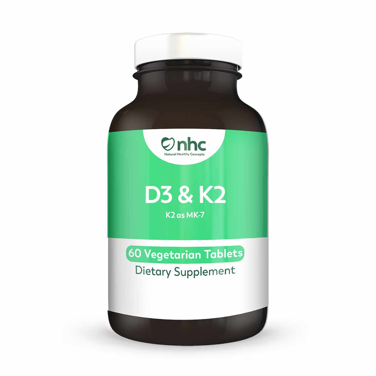 Dark glass bottle with white cap containing 60 vegetarian tablets of Vitamin D3 & K2 dietary supplement by NHC.