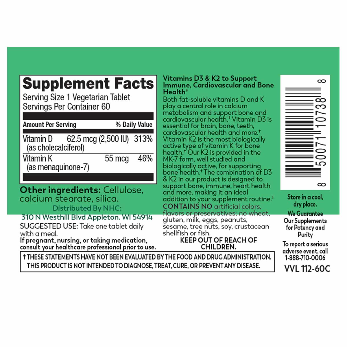 Vitamin D3 & K2 supplement bottle label with green background showing nutrition facts and ingredient information.