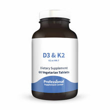 Dark glass bottle with white and blue label reading "D3 & K2" and "60 Vegetarian Tablets" by Professional Supplement Center.