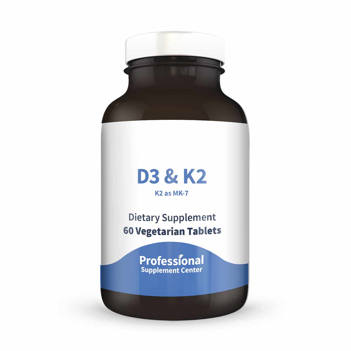 Dark glass bottle with white and blue label reading "D3 & K2" and "60 Vegetarian Tablets" by Professional Supplement Center.
