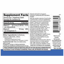 Supplement Facts label for Vitamin D3 & K2 tablets showing serving size, ingredients, and product information.