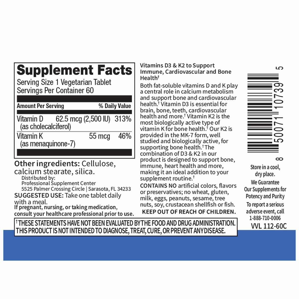 Supplement Facts label for Vitamin D3 & K2 tablets showing serving size, ingredients, and product information.