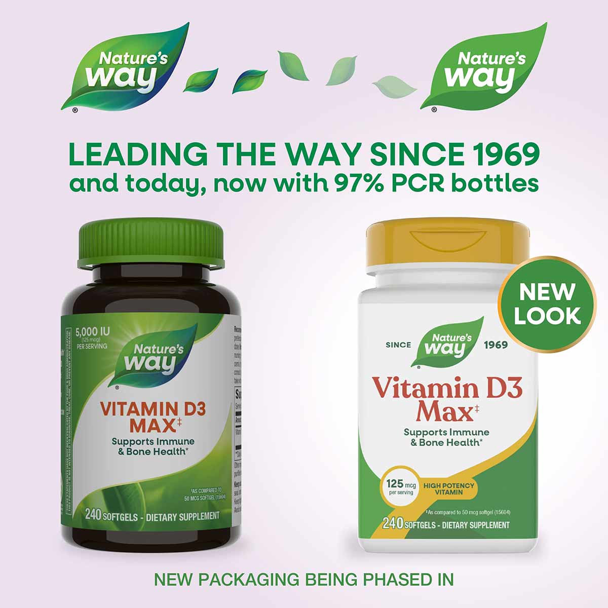 Two Vitamin D3 Max supplement bottles by Nature's Way, one with green cap and dark label, one with gold cap and white label, 