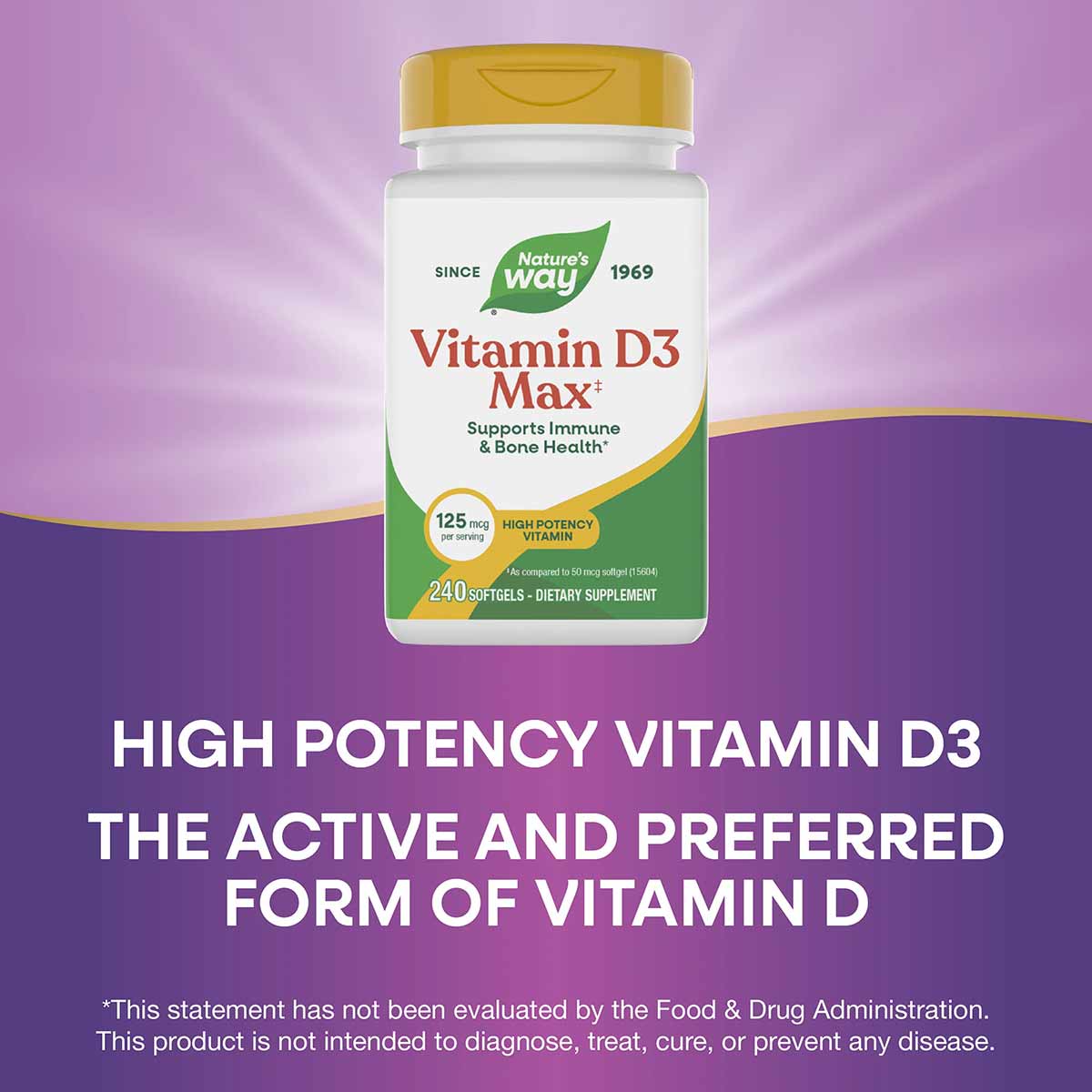 Nature's Way Vitamin D3 Max 125 mcg bottle with gold cap and 240 softgels on purple background.