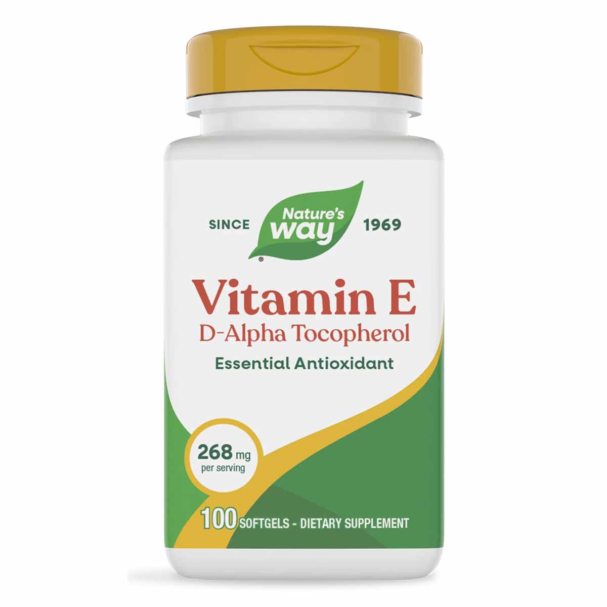 White bottle with gold cap labeled "Nature's Way Vitamin E D-Alpha Tocopherol, 100 softgels, 268 mg per serving."