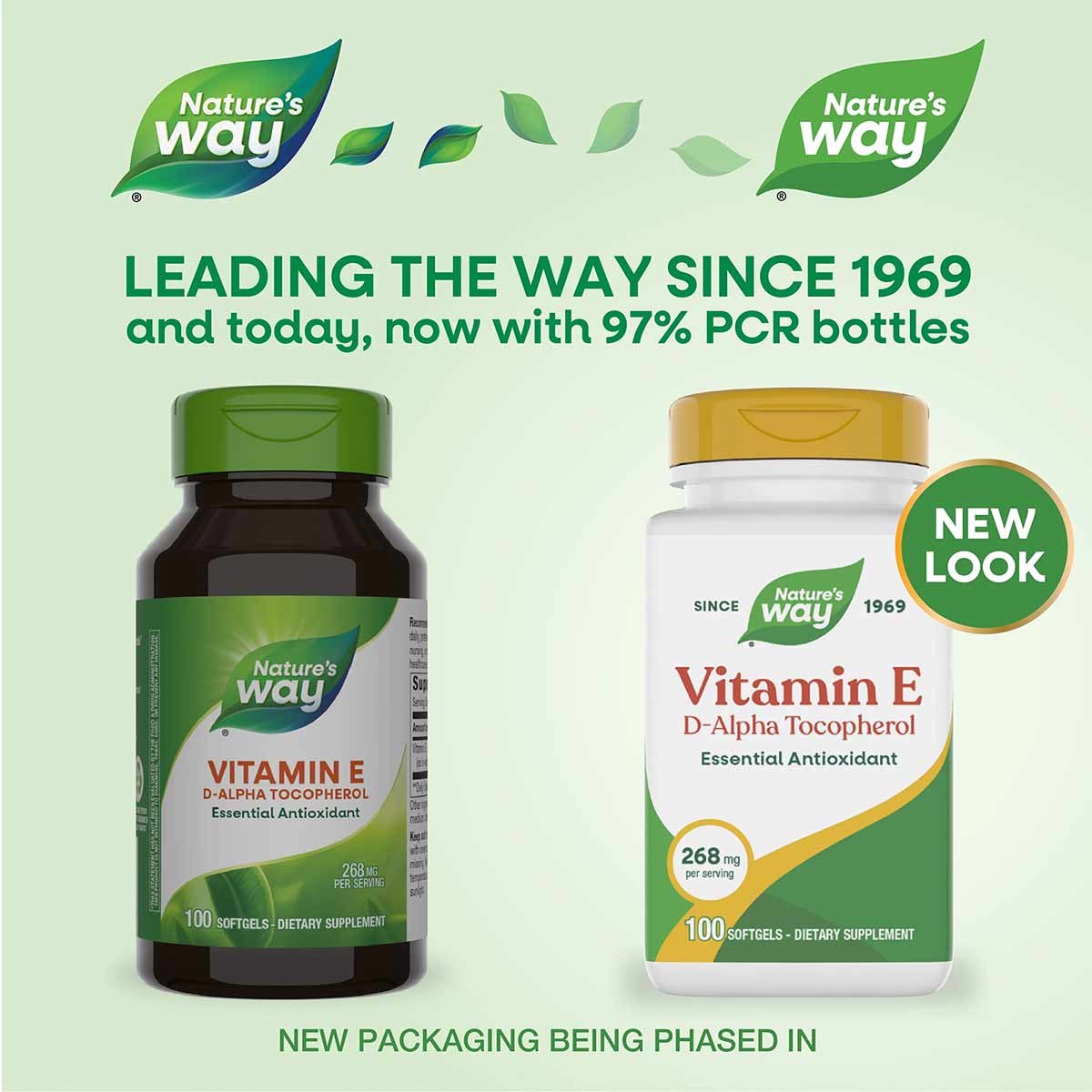 Two Nature's Way Vitamin E D-Alpha Tocopherol bottles, one dark glass and one white plastic, each containing 100 softgels.