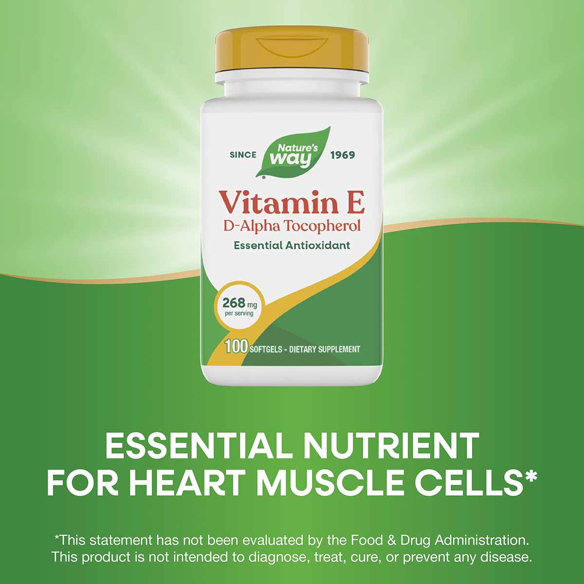 Nature's Way Vitamin E D-Alpha Tocopherol bottle with gold cap containing 100 softgels on green background.