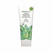 White tube of Derma E Vitamin E Shea Body Lotion with green aloe illustration and product text on label.