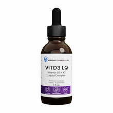 Brown glass dropper bottle of VITD3 LQ Vitamin D3 + K2 liquid complex by Systemic Formulas, 2 fl oz.