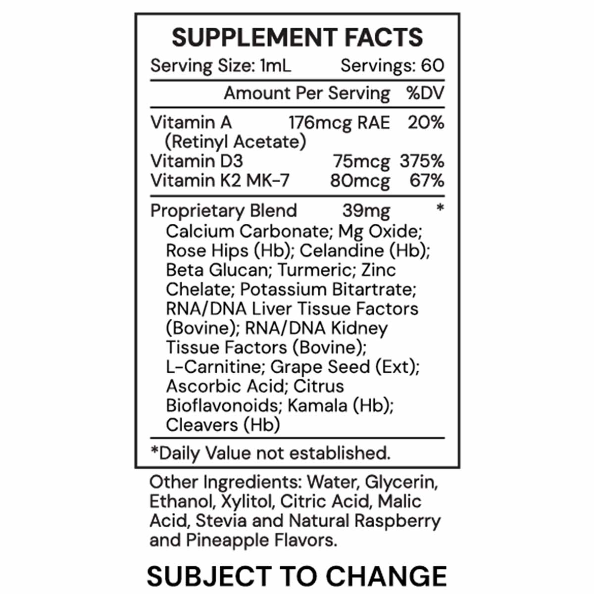 Supplement Facts label for Vitamin D3 and K2 complex liquid with 60 servings per 2 oz bottle.