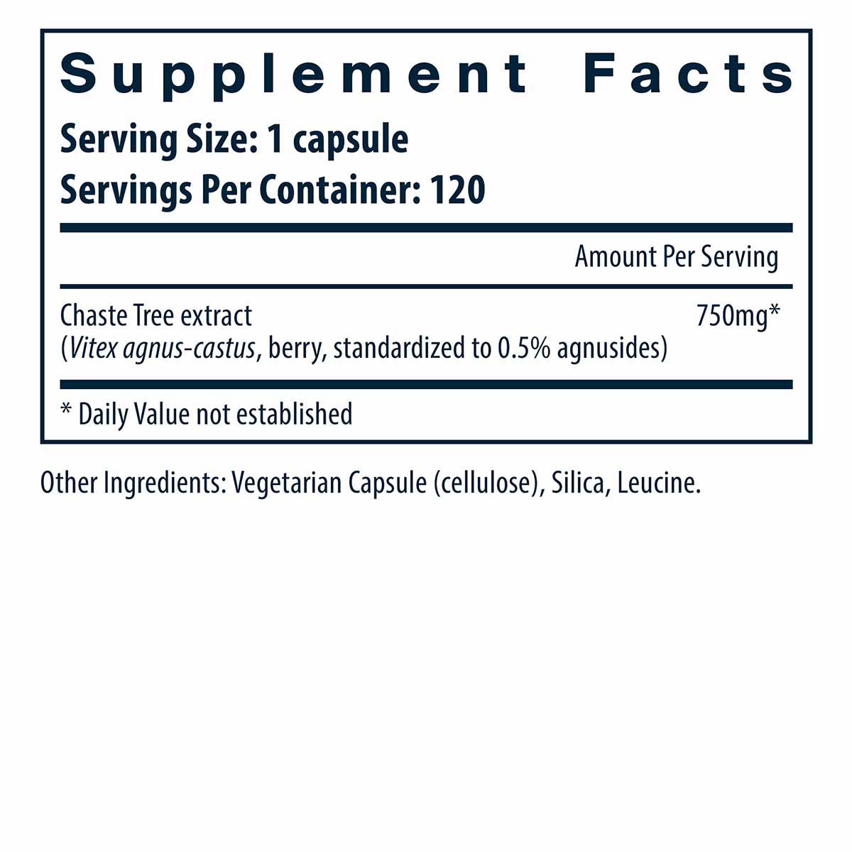 Supplement Facts label for Vitex 750mg capsules showing serving size, ingredients, and nutritional information.