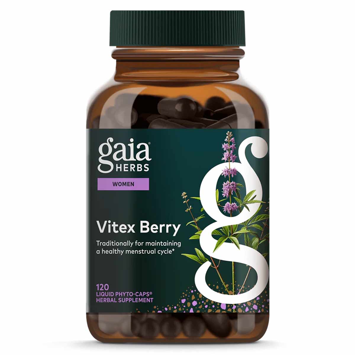 Gaia Herbs Vitex Berry supplement bottle with green cap containing 120 dark liquid phyto-caps.