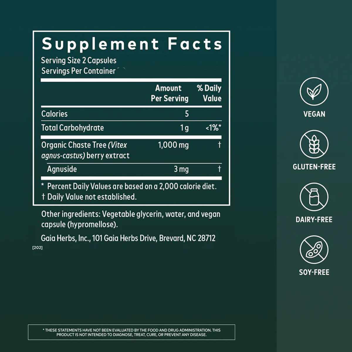 Supplement Facts label for Vitex Berry showing serving size, ingredients including Chasteberry extract, and certification ico